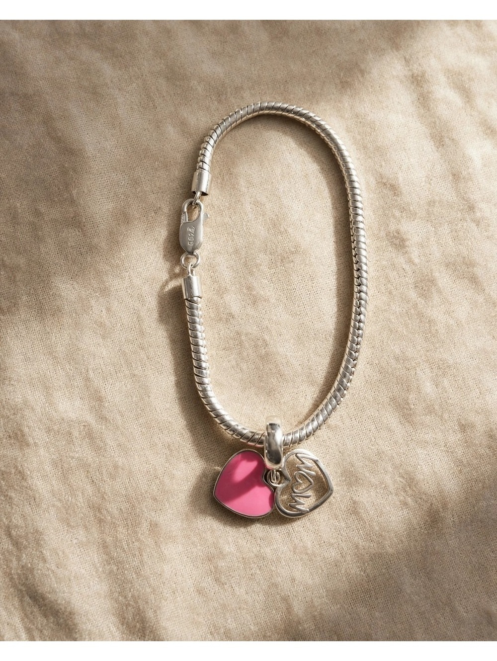 Sterling Silver Snake Chain Bracelet with Pink Heart Charm – 6.25 Inch, S925